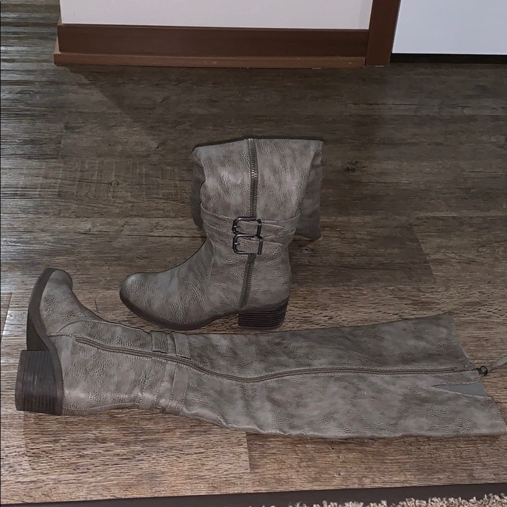 Gray knee boots.